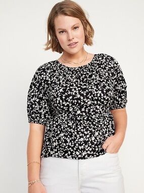 Old Navy Black & White Floral Puff Sleeve Peplum Cutout Back Top | Size Medium